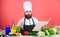 Cooking skill. Book recipes. According to recipe. Man bearded chef cooking food. Check if you have all ingredients. Cook