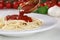 Cooking spaghetti noodles pasta: serving tomato sauce Napoli
