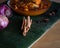 Cooking spices on banana leaf. cinnamon or kulit kayu manis. Selective focus