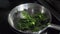 Cooking spinach in a frying pan close-up. Fresh spinach is thrown into a frying pan