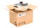 Cooking stainless pot inside cardboard box, delivery concept. 3D rendering