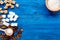 Cooking sweets set with sugar in bowls on kitchen table background top view mock-up