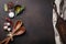 Cooking table with herbs, spices and utensils