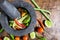 .Cooking Thai food, papaya salad and seasoning on a wooden table