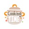 Cooking time logo design, kitchen emblem with saucepan can be used for culinary class, course, school hand drawn vector