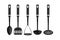 Cooking tools. 3D realistic utensil. Types set of household appliances for preparing food. Black spoon and spatula or