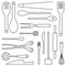 Cooking utensils assortment line art vector