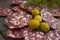 cooking various salami smoked olives, dill background menuassortment german