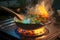 Cooking vegetable stew in kitchen food on fire steel pot on gas burner