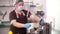 Cooking. woman chef, in protective gloves and mask, prepares food in the kitchen, in canteen. health food. safety