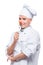 cooks with cherry tomato on a fork, shot on a white background