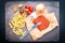 Cooks` ingredients for pasta with spicy nduja sausage with tomat