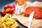 Cooks` ingredients for pasta with spicy nduja sausage with tomat