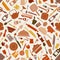 Cookware kitchen seamless pattern in brown shades