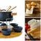 Cookware set for fondue , different cheese and bread