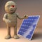 Cool 3d cartoon Egyptian mummy monster standing by a renewable energy solar panel, 3d illustration