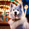 Cool American Eskimo Dog posing beside a vintage carousel