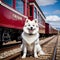 Cool American Eskimo Dog posing beside a vintage train station