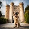 Cool Anatolian Shepherd Dog playing in a field of lavender with a view of a scenic coastal town