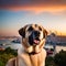 Cool Anatolian Shepherd Dog sitting majestically atop a rugged mountain peak at sunrise