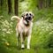 Cool Anatolian Shepherd Dog strolling through a lush green forest with a carpet of wildflowers