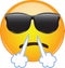 Cool angry emoji face. Yellow face wearing sunglasses with a frowning mouth steam coming out of its nose as a sign of frustration