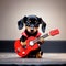 A cool antropomorphic dachshund playing a red guitar. AI generated