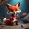 A cool antropomorphic fox playing a red guitar. AI generated