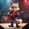 A cool antropomorphic fox playing a red guitar. AI generated