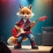 A cool antropomorphic fox playing a red guitar. AI generated