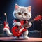 A cool antropomorphic kitten playing a red guitar. AI generated