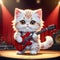 A cool antropomorphic kitten playing a red guitar. AI generated