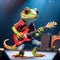 A cool antropomorphic lizard playing a red guitar. AI generated