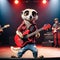 A cool antropomorphic meerkat playing a red guitar. AI generated