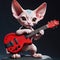 A cool antropomorphic sphynx playing a red guitar. AI generated