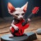 A cool antropomorphic sphynx playing a red guitar. AI generated