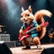 A cool antropomorphic squirrel playing a red guitar. AI generated