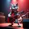 A cool antropomorphic wolf playing a red guitar. AI generated
