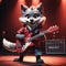 A cool antropomorphic wolf playing a red guitar. AI generated