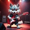 A cool antropomorphic wolf playing a red guitar. AI generated