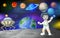 Cool Astronaut Man In White Suit Uniform With Rocket Plane and Plantes in Background Cartoon