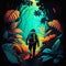 Cool Astronaut walking in to the wild jungle illustration aesthetic vibes in tropical forest illustration