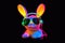 Cool baby young DJ rabbit sunglasses in colorful neon. Vector illustration design