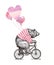 Cool Bear tourist wearing strip t-stirt Ride Bicycle Balloons Love. Vintage Mascot Cute Fun Grizzly Cycle Valentines day