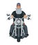 Cool biker on a motorcycle. Front view. Charismatic character