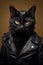 A cool black cat wearing a black leather jacket. Generative AI