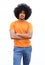 cool black guy with afro standing isolated white background