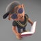 Cool black hiphop rapper reading an educational book, 3d illustration