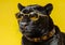 Cool black jaguar posing in sunglasses against a yellow background.