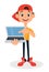 Cool boy in cap holding laptop. Cute cartoon character.